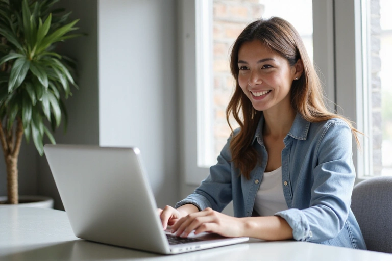 A person typing on a laptop with a friendly expression, representing customer service and communication.
