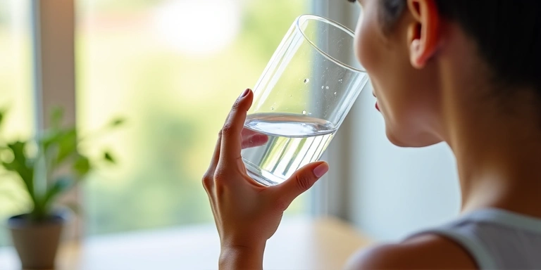 Person drinking water from a glass in a healthy lifestyle context