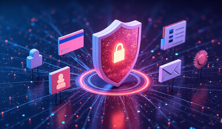 Cybersecurity illustration with a shield protecting data, representing data security measures